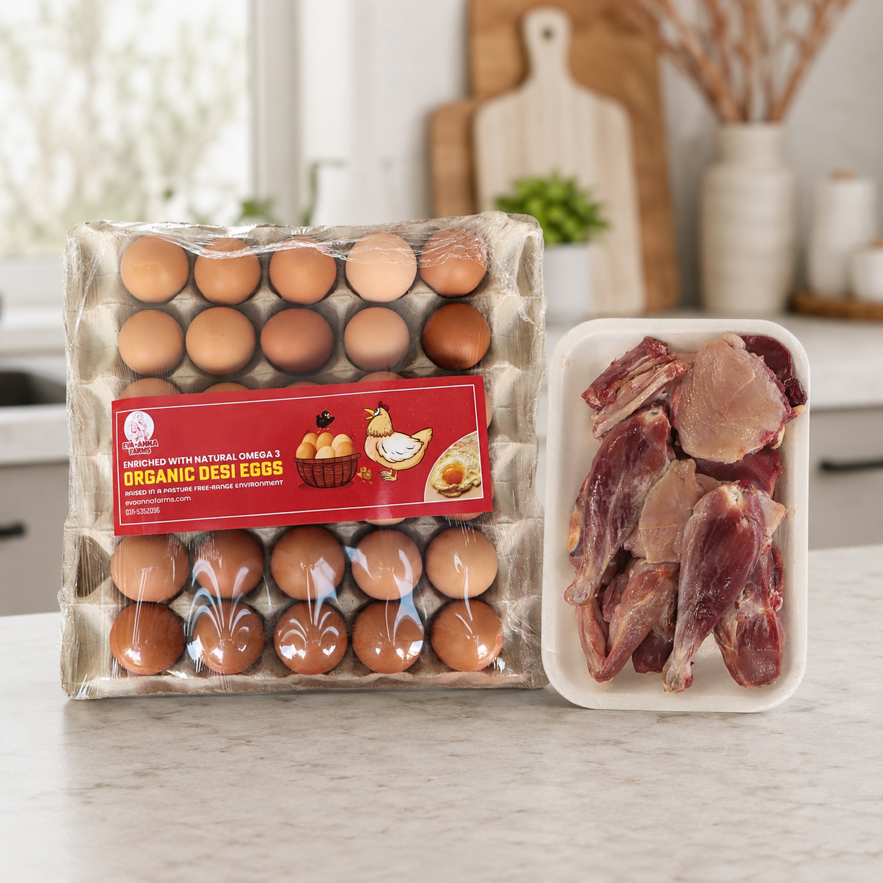 Eva Anna Farms Desi Eggs and Chicken Protein Bundle on a kitchen counter
